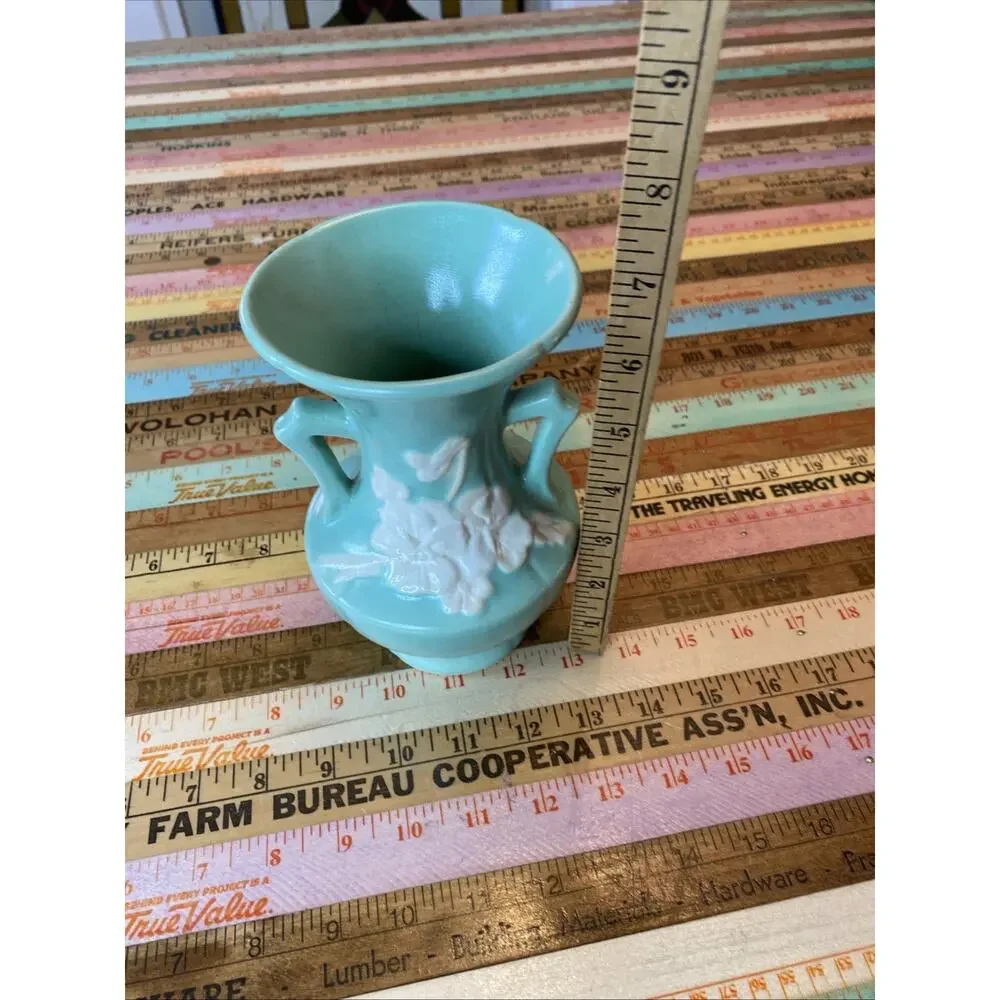Vtg Weller Pottery Vase Double Handle Blue Floral Bouquet 30s Art Deco Nouveau